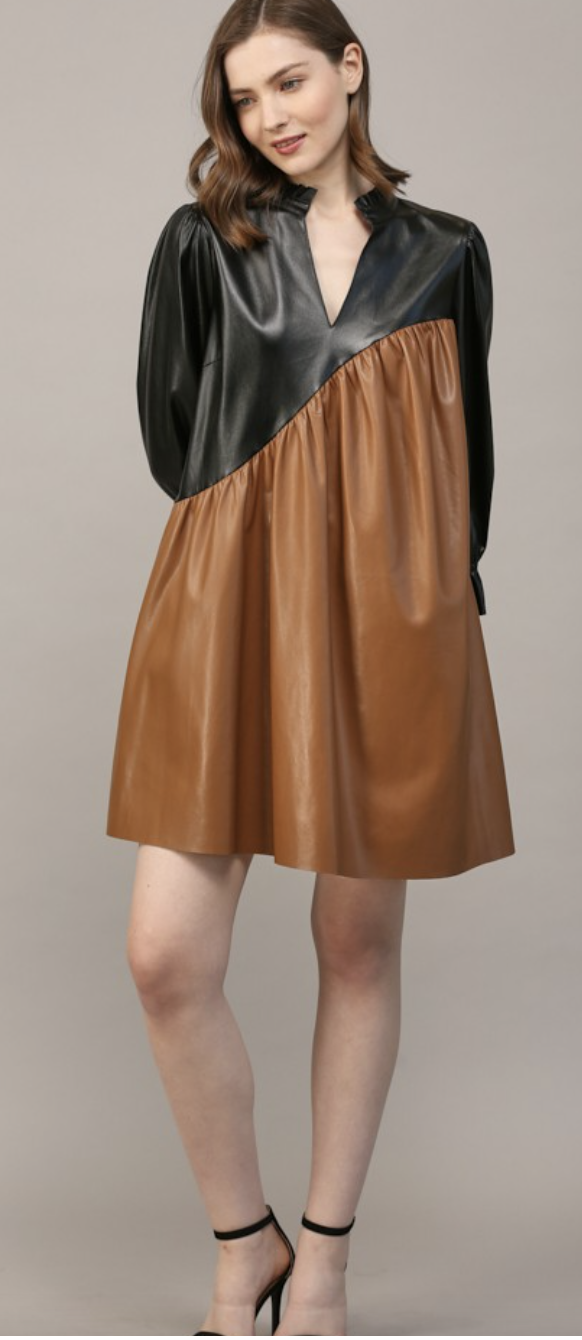 Fate color block faux leather dress