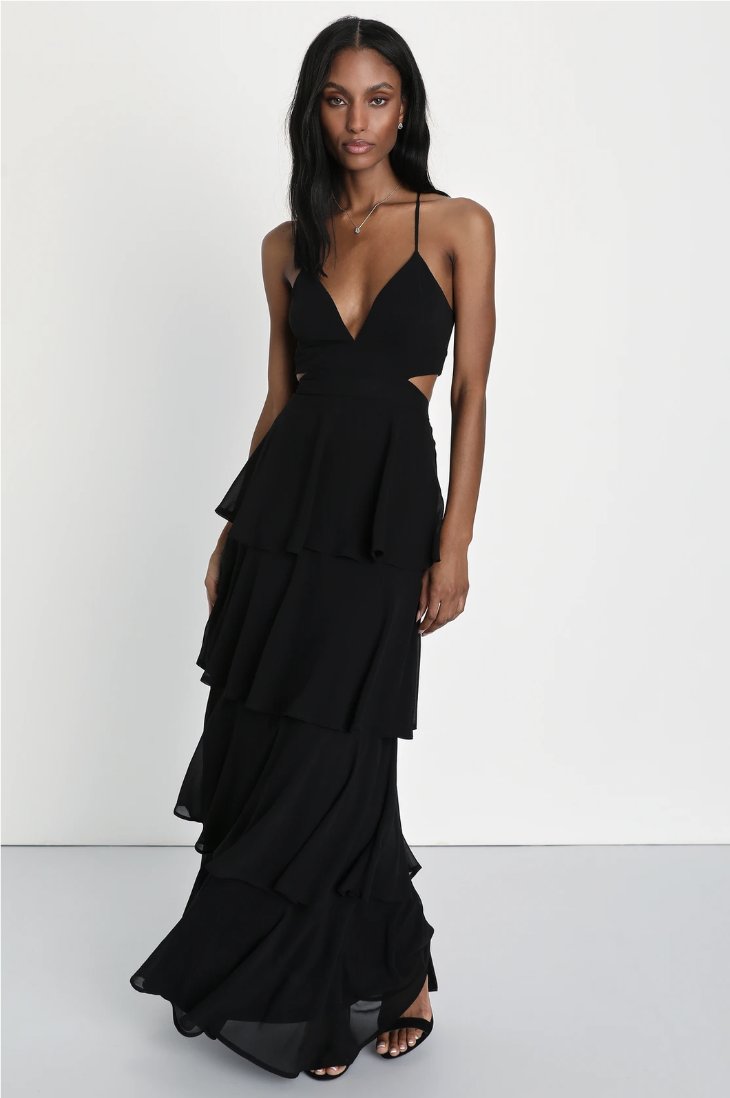 Lulus Tier and Now Black Tie-Back Tiered Maxi Dress