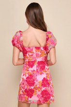 Load image into Gallery viewer, Lulus Luxe Direction Pink Floral Jacquard Puff Sleeve Mini Dress
