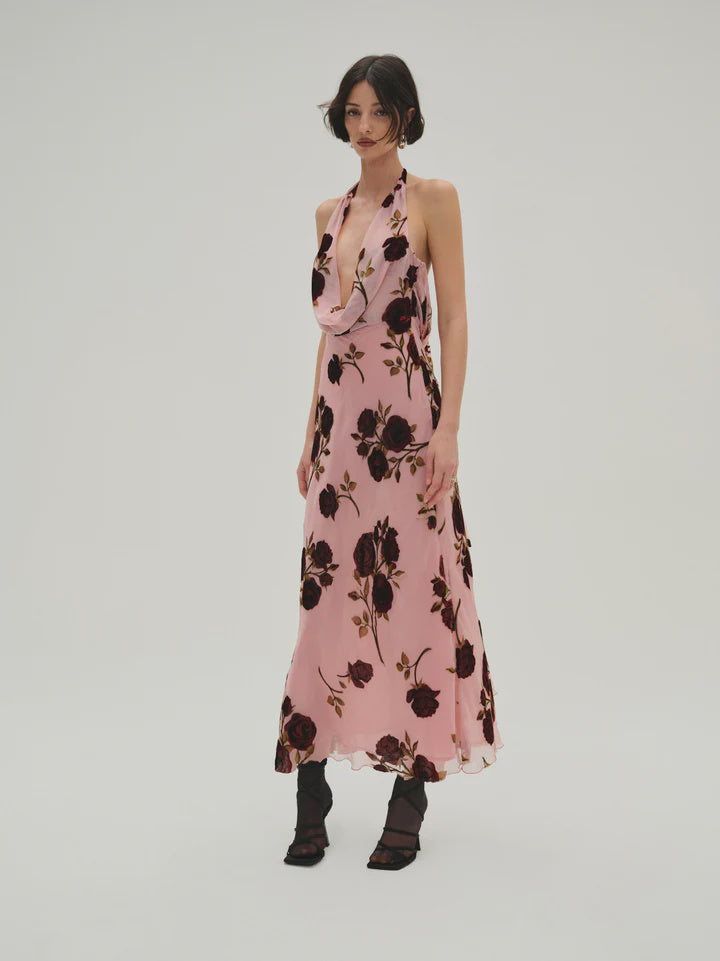 For Love & Lemons Rose Velvet Halter Maxi Dress